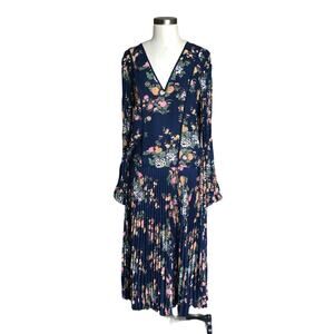 STEFFEN SCHRAUT Navy Blue Floral Pleated Drop Waist Midi Dress Size 36 NWT